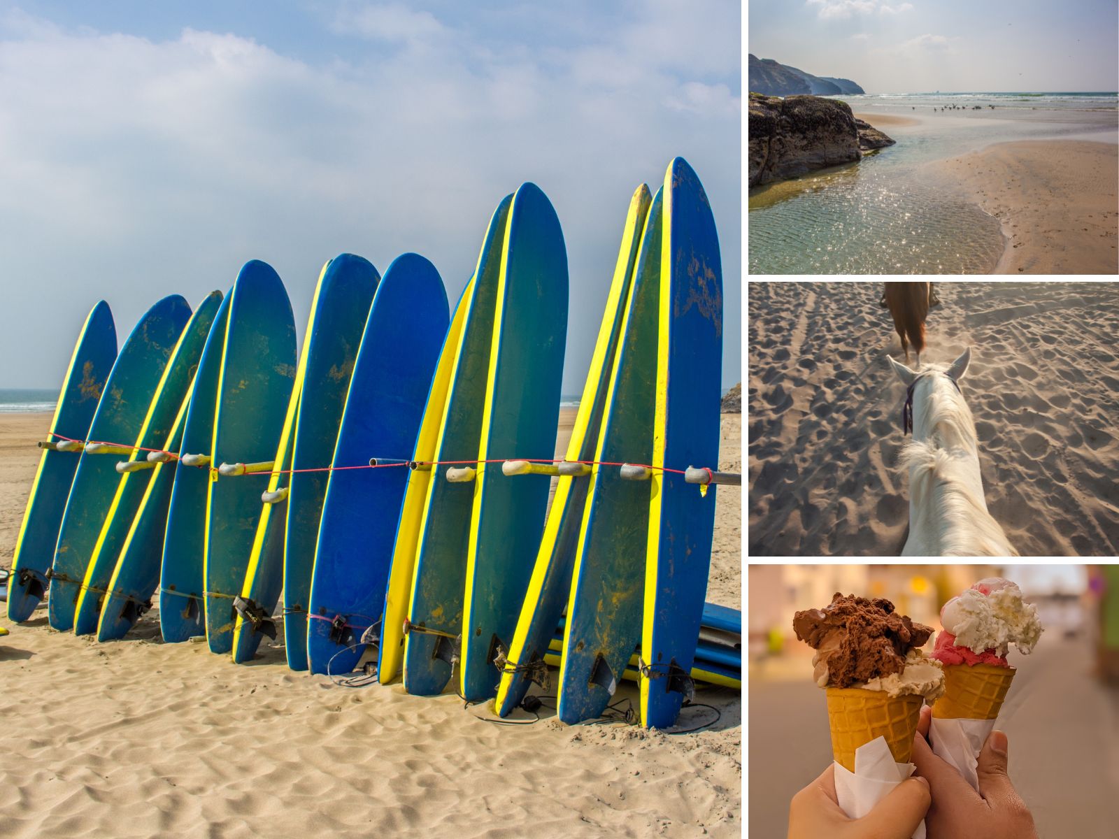 Collage of images showcasing things to do, including blue surfboards on sand, a lush golf course, horseback riding along a sandy path, and three iced coffees waiting on a wooden table. St Georges Perranporth