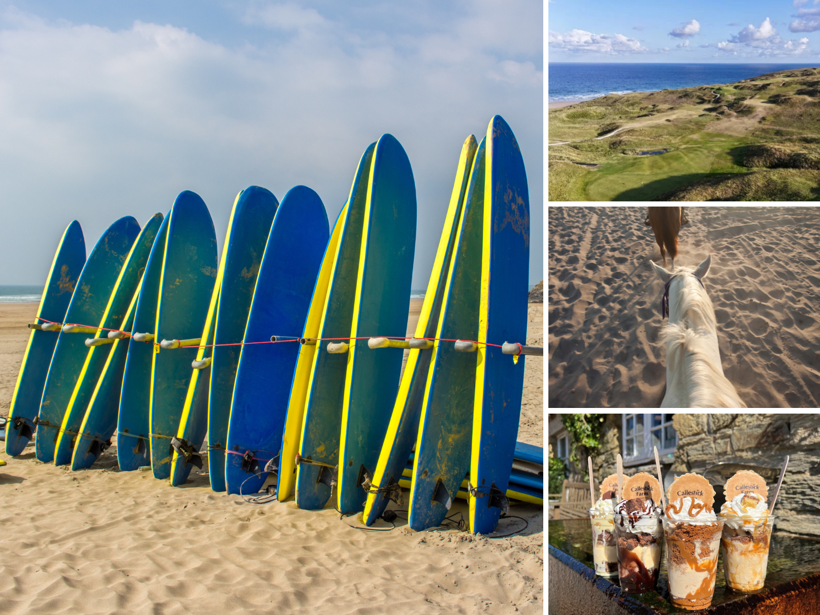 Collage of images showcasing things to do, including blue surfboards on sand, a lush golf course, horseback riding along a sandy path, and three iced coffees waiting on a wooden table. St Georges Perranporth