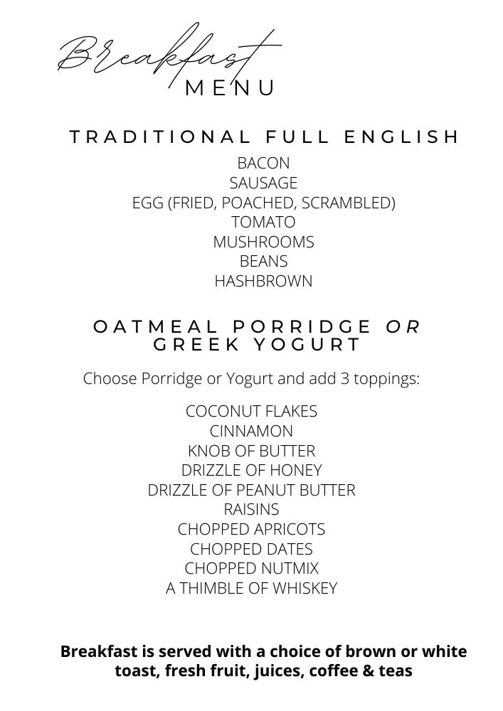 Breakfast menu featuring a Traditional Full English and Oatmeal Porridge or Greek Yogurt, with various toppings and sides. Includes toast, fruit, juices, coffee, and teas. St Georges Perranporth