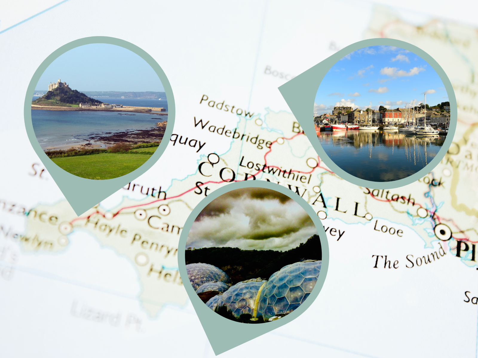 A map of Cornwall with three circular insets showing St Michael's Mount, a harbor, and the Eden Project. St Georges Perranporth