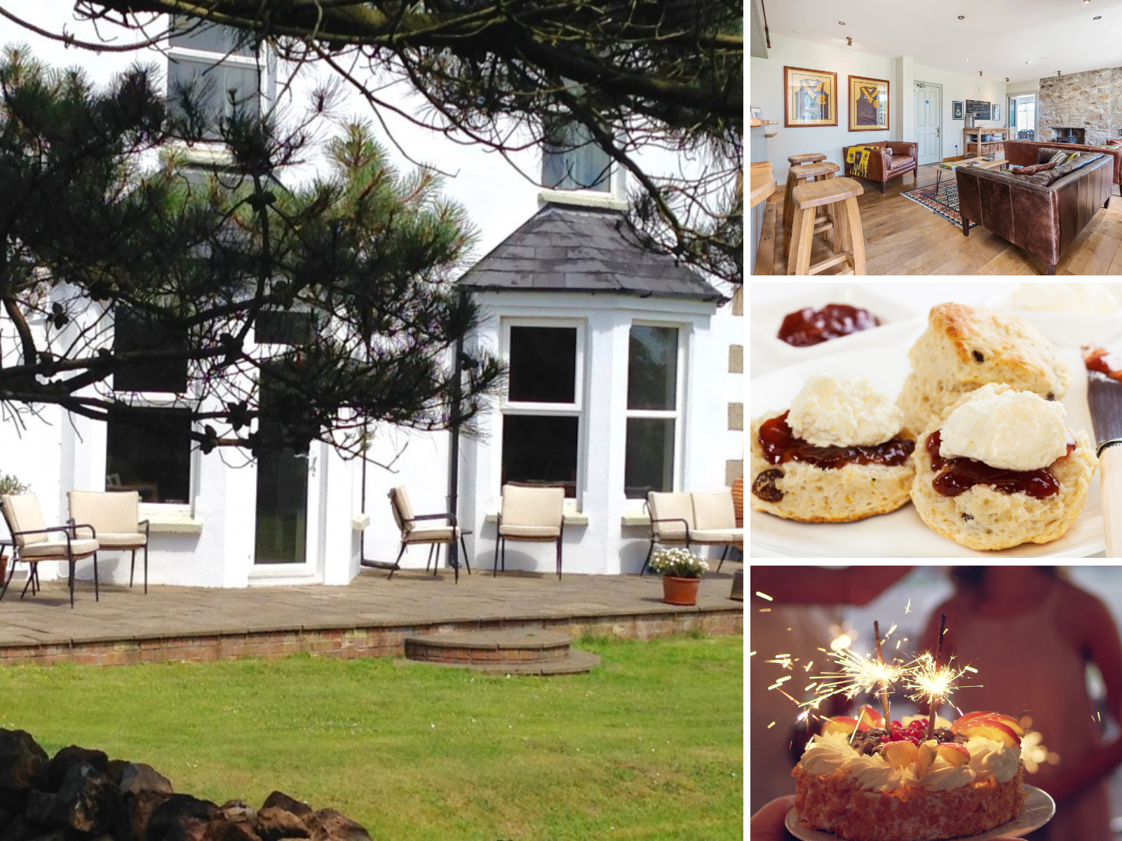 Collage: A white house with outdoor seating, interiors showing a living room with couches, scones with jam and cream, and a cake with sparklers. St Georges Perranporth