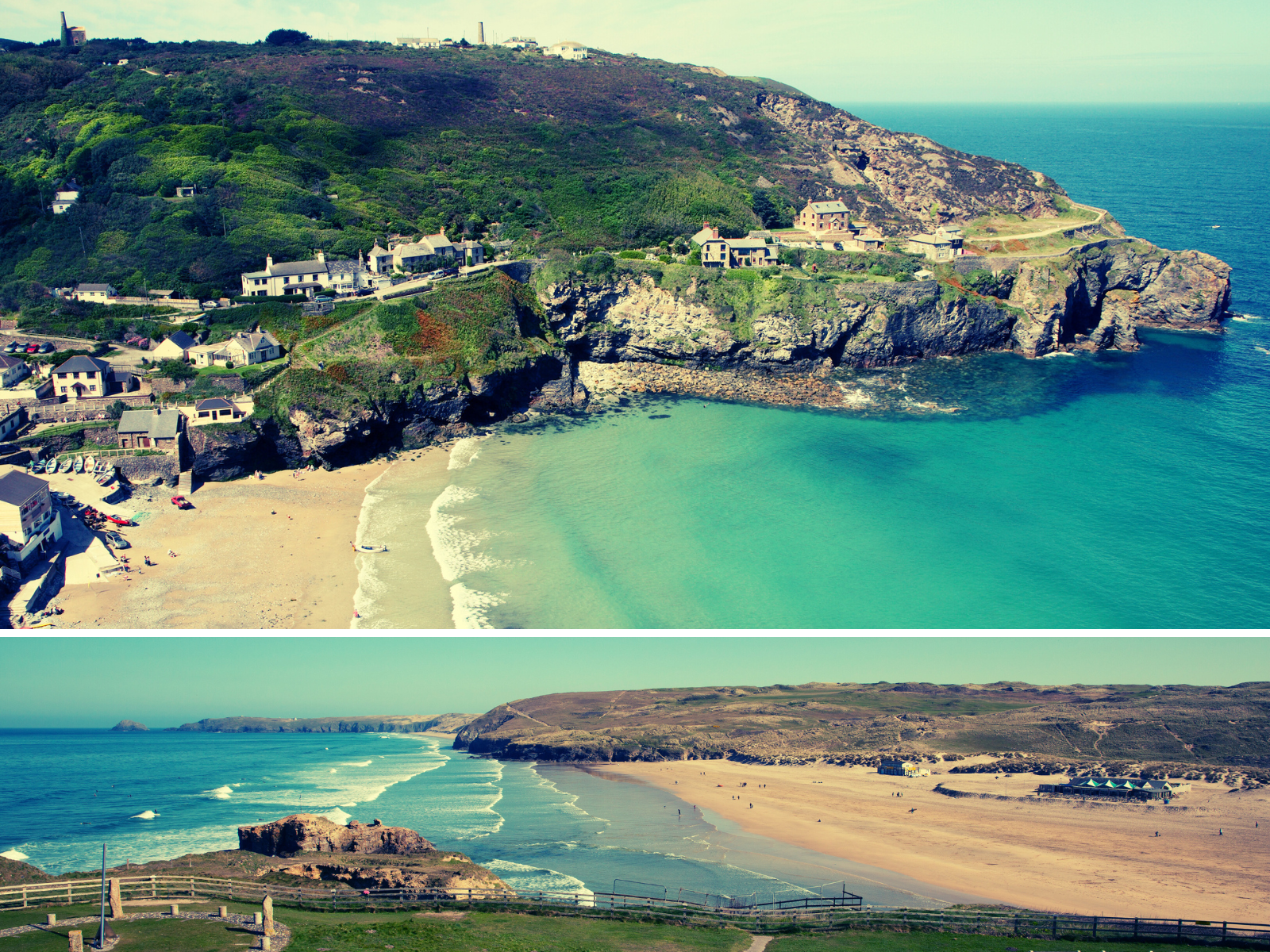 Two coastal scenes: the top showing a rocky cliffside village by turquoise water, the bottom depicting a wide sandy beach with gentle waves and distant hills. St Georges Perranporth